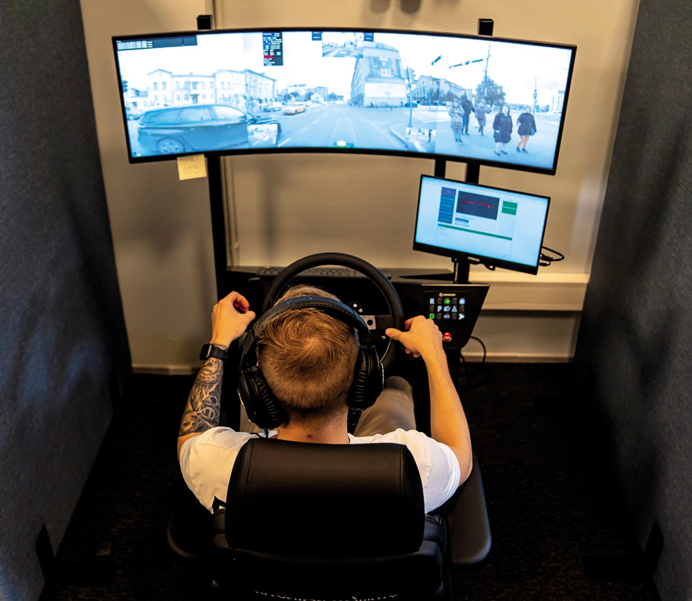 Clevon 1 teleoperator station using Samsung Odyssey CRG9 QLED Freesync monitors and Fanatec pedals and steering wheels
