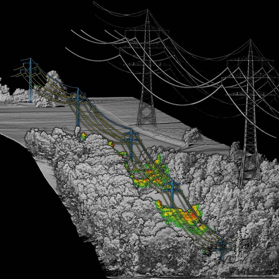 Orthodrone’s combined Lidar and camera surveys (as well as intelligent software) is enabling smart analyses such as highlighting vegetation encroaching on powerlines (Courtesy of Orthodrone)
