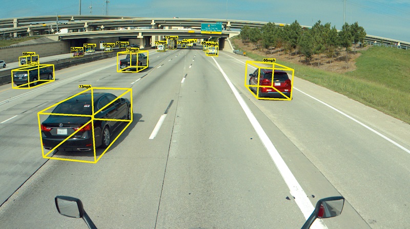 and fuses them via a deep neural network to identify vehicles, lane markings, road boundaries and other properties that inform the truck’s movement calculations