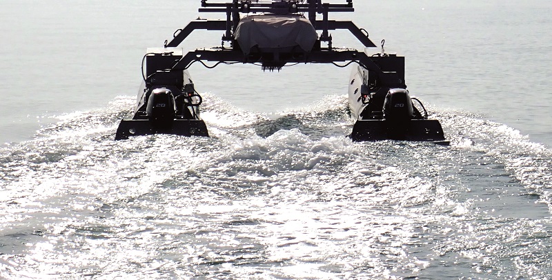 The standard propulsion arrangement on the WAM-V 22 is two gasoline outboards, typically from Honda or Suzuki and rated to 20 or 30 bh
