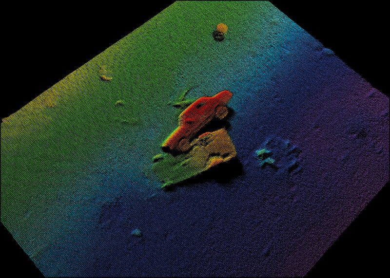 high resolution scanning and advanced stabilisation techniques are increasingly vital for multi-beam echo sounders used in gathering ocean data on objects such as these wrecked vehicles(courtesy of Norbit)