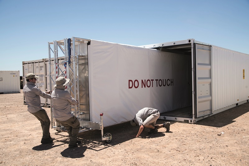 A special frame holds two disassembled Zephyr 8 airframes side by side and fits inside a standard 40 ft shipping container for straightforward transport to a launch site