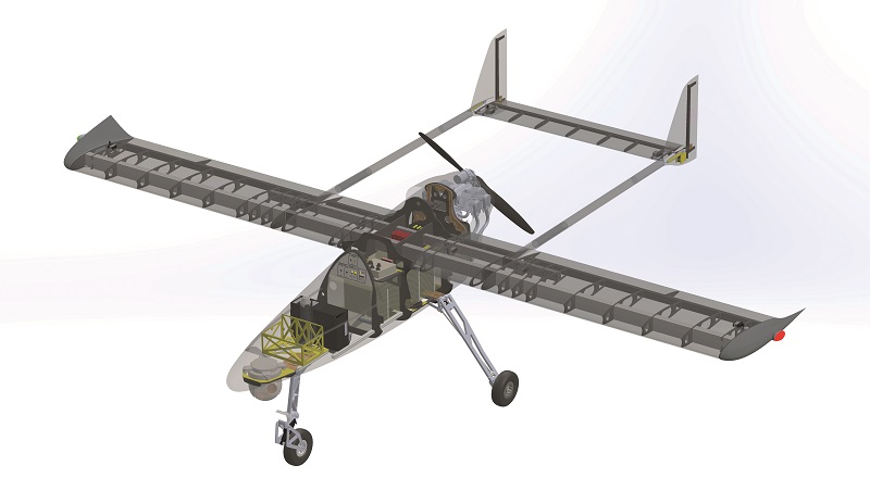 A transparent CAD view of the One 150. A payload bay sits in the nose, with sections for the parachute, avionics, additional payloads and powertrain behind