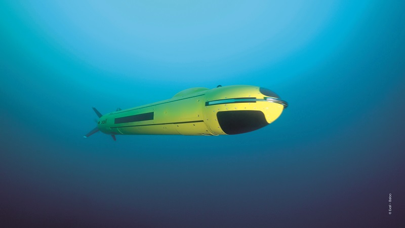 Among the AUVs that the Inspector 125 can launch and recover is Exail’s A18-M AUV, which typically carries the company’s UMISAS synthetic aperture sonar (Courtesy of Exail)