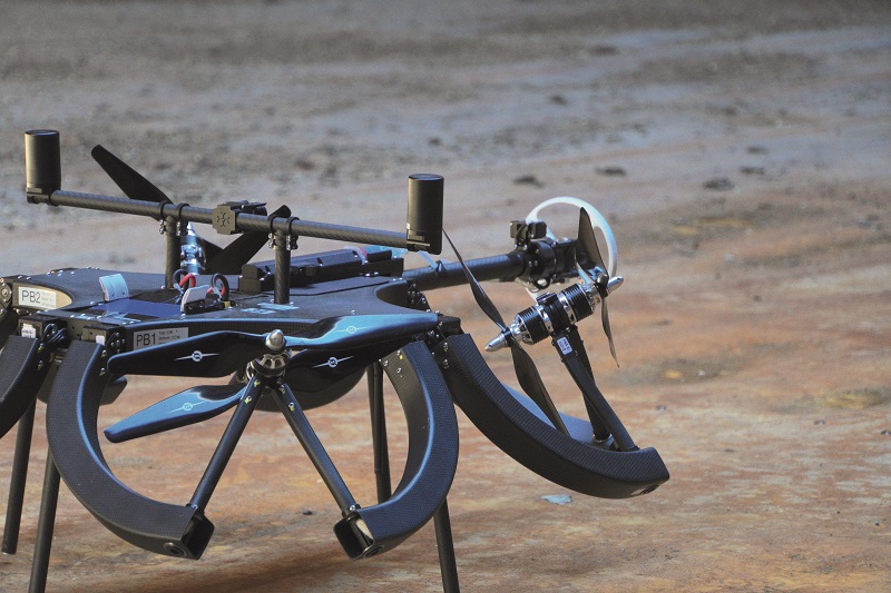 Skygauge Robotics’ UAV can articulate its four motor-prop pairs to maintain physical contact with surfaces for ultrasonic inspection