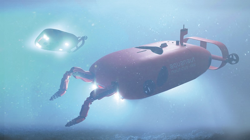 The Aquanaut in the foreground is in ‘intervention’ configuration with a pair of electrically powered Olympic robotic manipulator arms, while the one behind is in ‘excursion' configurations in any work