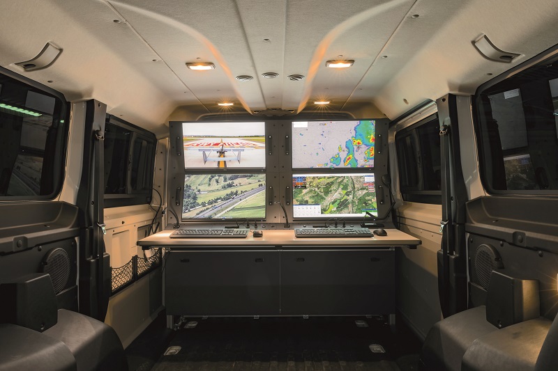 The GCS can be mounted in a truck for mobile operations. It runs UAV Navigation’s Visionair autopilot software, and its four screens provide redundancy in case one computer should fail