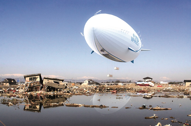 The LCA60T uncrewed airship from Flying Whales, depicted carrying humanitarian aid containers