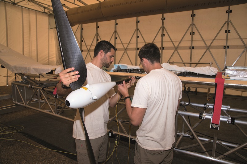 The propellers and motors are optimised for efficient spinning in stratospheric air densities, running at around 2000 rpm at cruising height and 500-600 rpm near the ground
