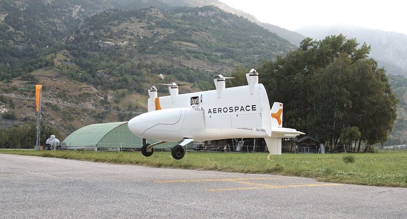 The tilt-wing configuration allows a wide range of airspeeds at any tilt angle, so transitioning is not restricted to a narrow set of airspeeds and angles
