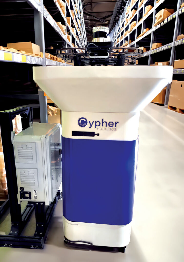 A Cypher AMR with an integrated UAV charging port for aerial monitoring in a warehouse
(Image courtesy of Wibotic)