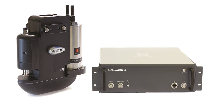 GeoSwath 4 transducer, set on T-plate mount (left). The deck unit (right) houses the sonar electronics and a high-spec PC running the latest dedicated GS4 software (Image courtesy of GeoAcoustics)
