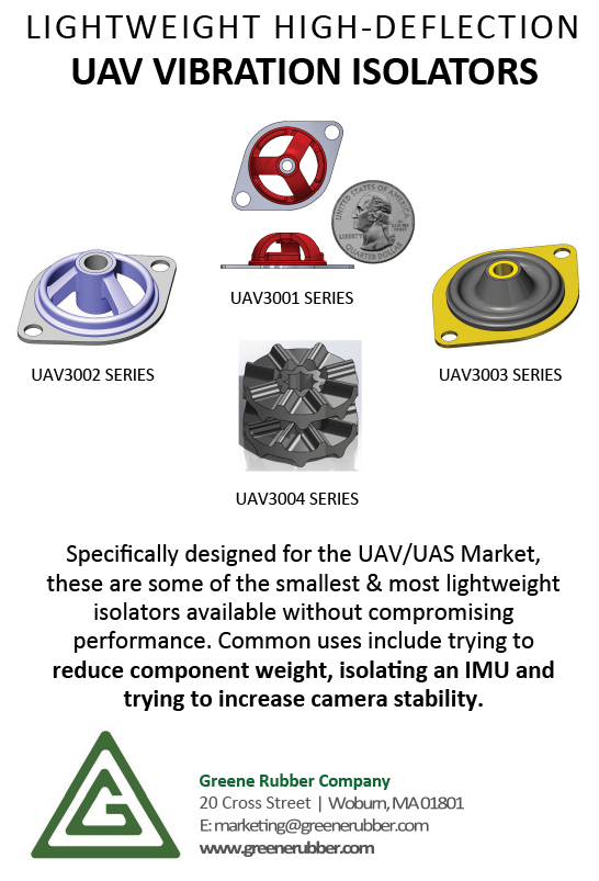 Greene Rubber Company Lightweight high deflection UAV vibration isolators