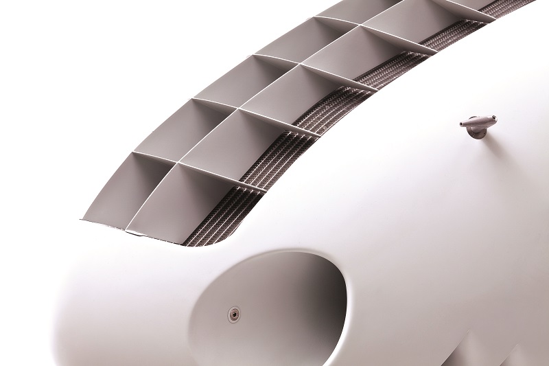 A cooling radiator is installed atop the nose, which cools the engine sitting behind