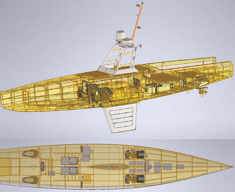 Subsystems are distributed across the USV to maintain the centres of gravity and buoyancy, and hence minimise pitching induced by payload mass