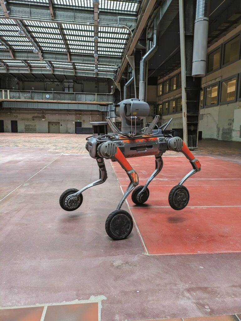Swiss-Mile’s Milo is a wheeled- and legged UGV that switches between travel modes to double its operating time (Image courtesy of Swiss-Mile, enabled by Halter AG)