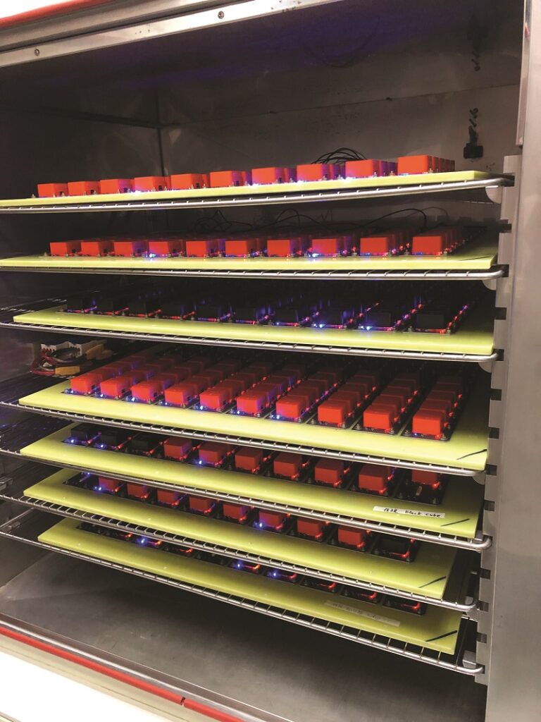 Test rigs like this one can enable high-throughput batch testing of autopilot; testing rounds can otherwise form a bottleneck in autopilot production (Image courtesy of CubePilot)