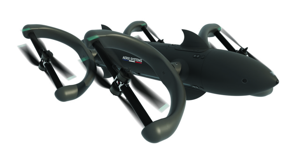 The AXS-M1 flies on four omnidirectional rotors, enabling highly dynamic flight, including a 1 m turning radius and 220 kph top speeds (Image courtesy of Aerix Systems)