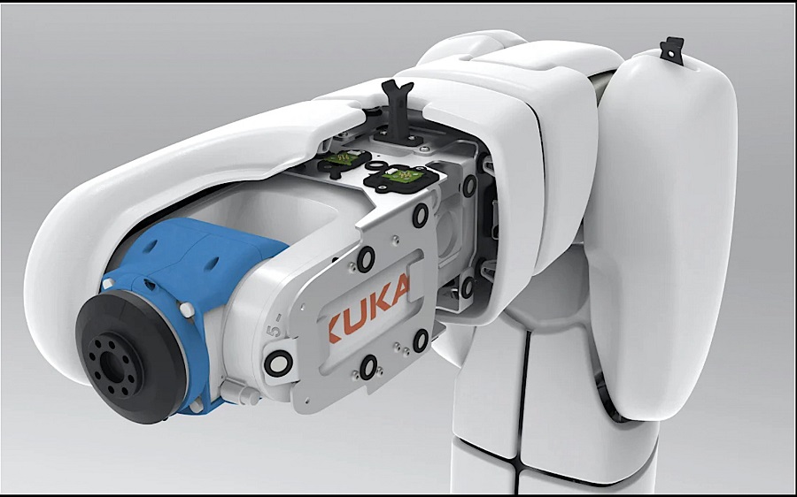The Airskin pressureimpact sensing safety system installed on a Kuka robotic arm will stop all movement in response to a calibrated contact force (Courtesy of Airskin)