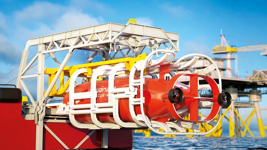 The Aquanaut secured in its dedicated and automated launch & recovery system aboard the Hydronaut. The basket suspended from the yellow cursor travels fore and aft on the surface vessels stem deck