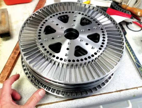 The rotor’s magnets (typically NdFeB) are slotted into machine-cut titanium ‘pockets’ that prevent them coming loose in the air gap