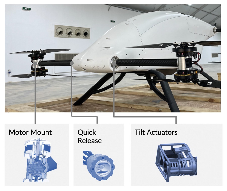 Details of the motor mounting, tilt-arm quick-release mechanism and tilt actuators of the thrust vectoring system, pictured here on Cobalt. It is not a simple undercarriage