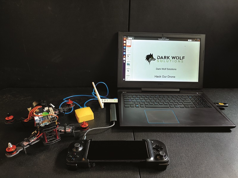 Above participants in Dark Wolf’s Hack our Drone workshop are provided with
this small quadcopter, smartphone-based GCS and laptop running Kali Linux plus
instructional documents (Image courtesy of Dark Wolf Solutions)