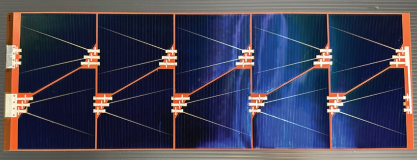 MicroLink’s 2x5 space solar power module, composed of 10 Quartex epitaxial lift-off triple-junction solar cells, with integrated bypass diodes, and Ag-Kovar interconnects with in-place strain relief