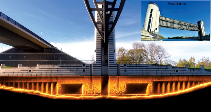 As well as stitching together mosaics of the sea floor, SoundTiles can produce mosaics of vertical structures, such as this vertical wall surveyed at a flood barrier using a Kongsberg Discovery M3 acquired dataset