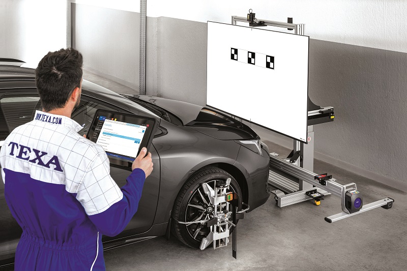 ADAS calibration equipment typically consists of precisely positioned targets for vehicle-mounted sensors, used under controlled lighting conditions on level surfaces, although some vehicles allow on-the-move dynamic calibration (Image courtesy of Texa)
