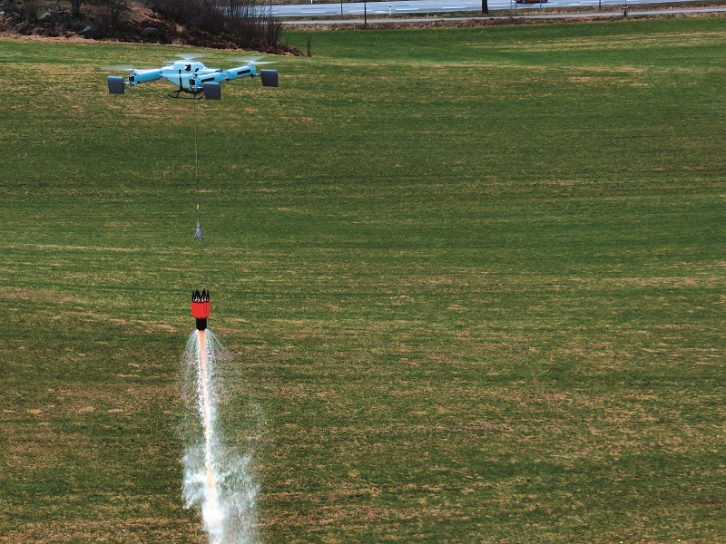 The UAV can control a bambi bucket payload for firefighting via a relay, with opening of the bucket actuated via a solenoid