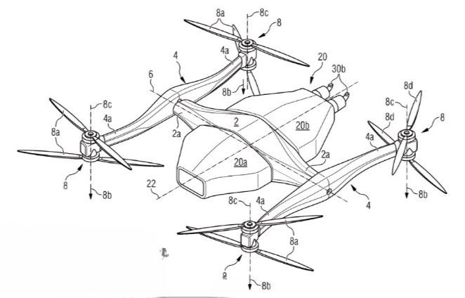 The rotor system pivots about the vehicle’s roll axis (22) and pitch axis (6), while the fuselage, consisting of the payload section (20a) and propulsion section (20b), remains stable