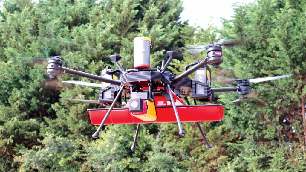 In addition to the red GPR antenna, this view shows a Yelloscan lidar, twin GNSS antennas and a GBS10/350 parachute recovery system from Galaxy GRS
