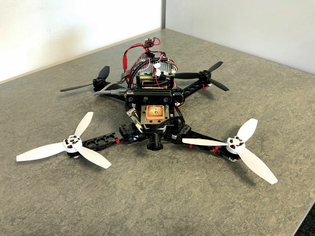 Lennox’s team developed this folding rotor quadcopter to pass through small apertures. The rotors are at varying heights so the arms can reduce the angle between them without the risk of the blades clashing