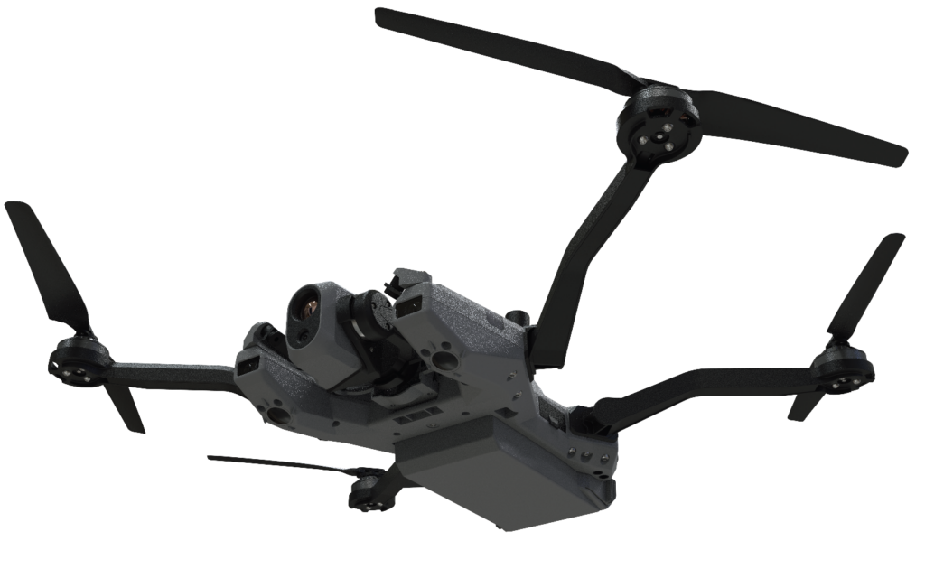 Render of underside, showing battery pack, and both forward- and downward-facing cameras (the former for obstacle avoidance and the latter for visual navigation), and matching camera feeds with stored terrain imagery