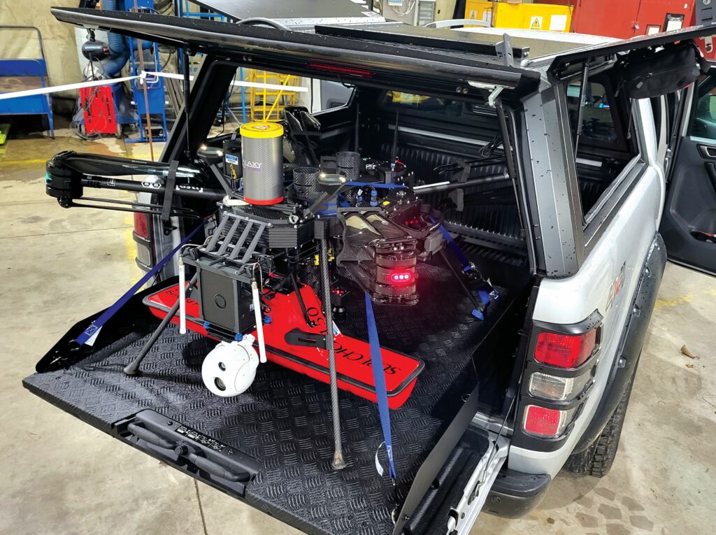 Sensus L8 with propellers folded for transport, one of 2 batteries visible plus electro-optical pod and Radarteam Sweden Cobra GPR with Subecho 150 antenna