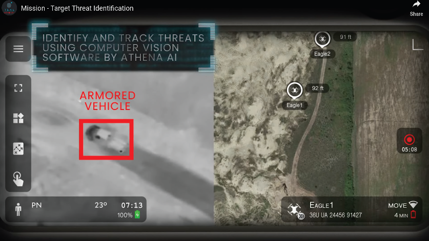 Tactical display on the Warfighter Electronic Bridge (WEB) GCS, showing the positions of two Black Widows and an armoured vehicle, identified and tracked by the Athena AI software