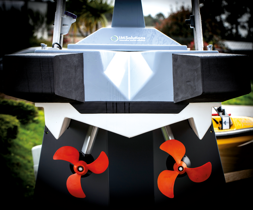 The Torqeedo podded electric thrusters are high-torque, gear-driven units