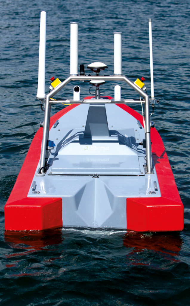 The USV’s stainless steel mast supports a variety of cameras, navigation and comms sensors, lights and two emergency stop buttons