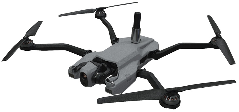 Upper view showing detail of the gimbal for the Hadron 640R+ reconnaissance payload, dorsal antenna for the Doodle Labs Helix radios and the folding, field-replaceable arms