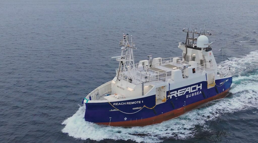 The REACH REMOTE 1 USV was designed, systems-integrated, and commissioned by Kongsberg Maritime as an ROV and survey platform for Reach Subsea